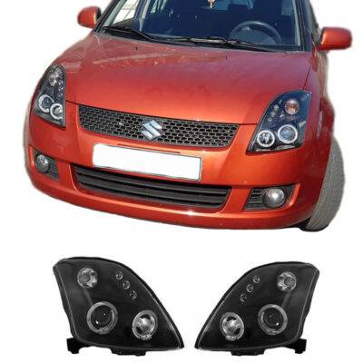 All in Point Μπροστινά Φανάρια Set Για Suzuki Swift 05-10 Angel Eyes & Led Μαύρα H1/H1 Manual JunYan 0004096